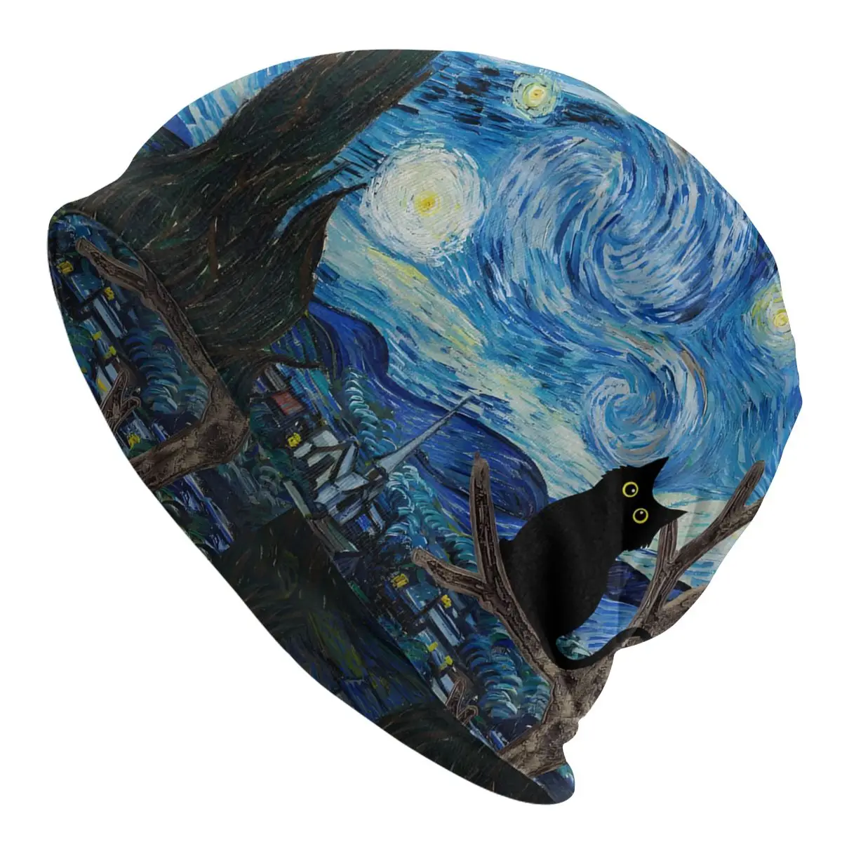 Black Cat In Van Gogh Starry Night Unisex Bonnet Hiking Double Layer Thin Hats For Men Women