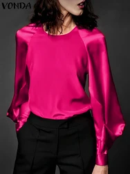 VONDA Women Autumn Long Sleeve Blouse Solid Color O-Neck Elegant Street Tops Shirts Casual Loose Fashion Tunic Satin Silk Blusas
