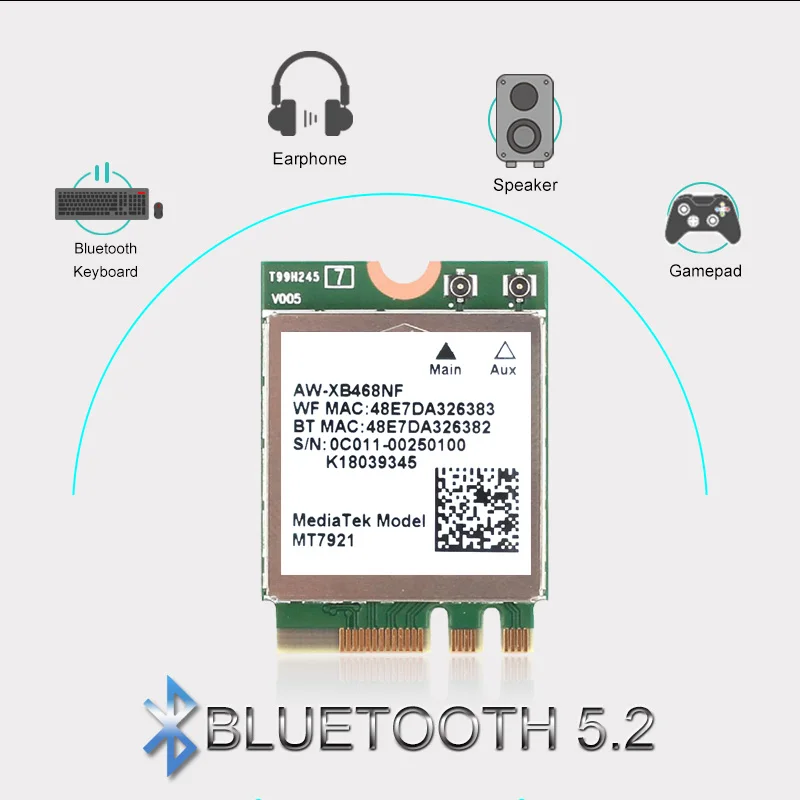 Used Wi-Fi 6 MediaTek MT7921k MT7921 1800M Bluetooth 5.2 NGFF M.2 wireless wifi network card supports windows10 / 11