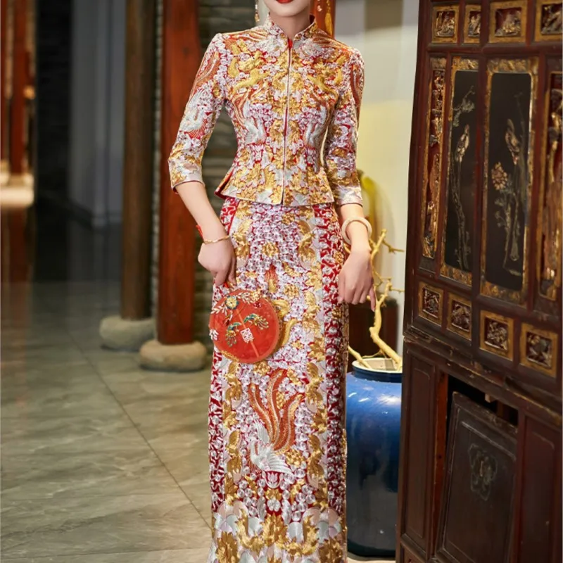 새로운 수 놓은 가운 드래곤 피닉스 결혼식 중국어 럭셔리 드레스