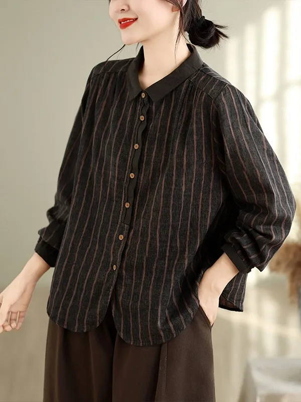 Retro Artistic Long Sleeve Double Layer Cotton Shirt Loose Slimming Vertical Stripes Large Size Women's Autumn New Style Shirt