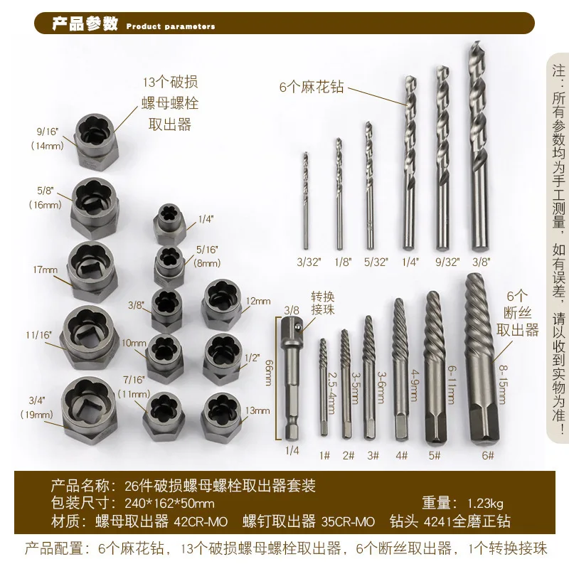 

26PCS Broken Wire Nut Bolt Screw Remover Hex Screw Extractor Sleeve Bolt Removal Tool Auto Repair Kit