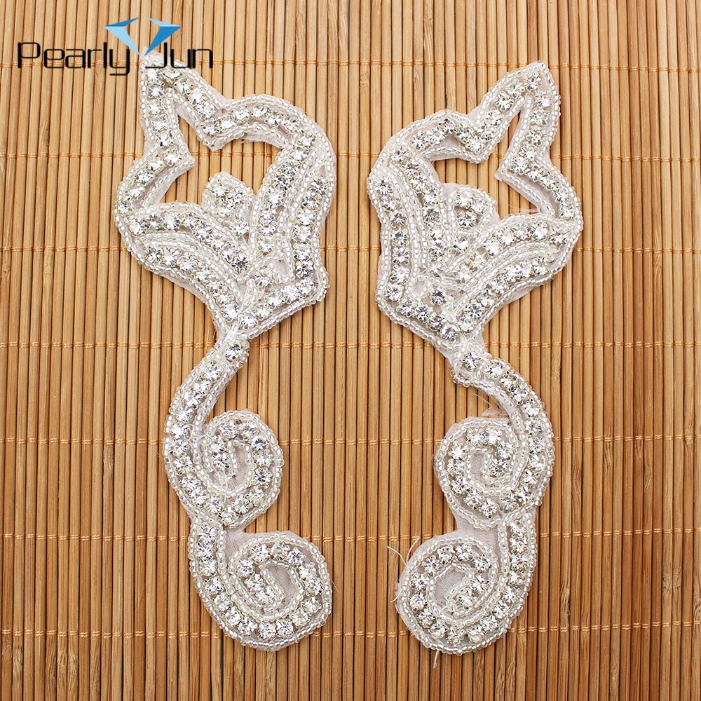 1 Pair White Symmetrical S Shaped Glass Crystal DIY Handmade Patch Decoration for Bridal Wedding Dress Rhinestone Applique WH072