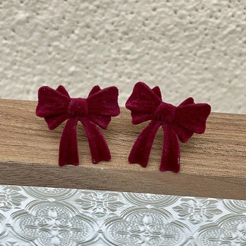 925 Silver Needle Korean Fashion Red Flocking Bow Earrings For Women Jewelry 2026 Trending New Women\'s Stud Earrings Accessories