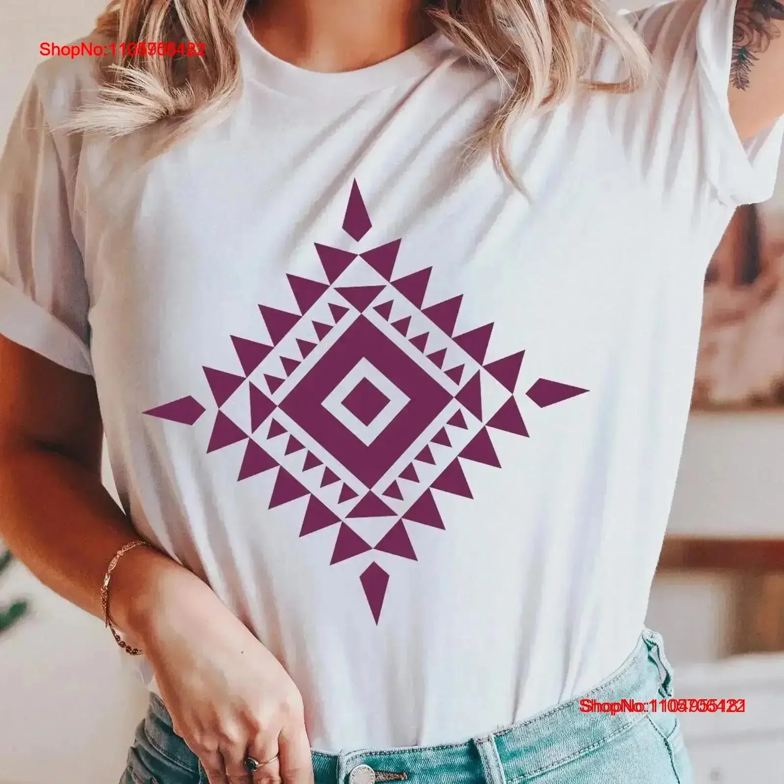 Boho Tribal T Shirt Abstract Aztec Print Geometric MinimalisT Diamond vintage Washed Versatile Breathable Casual Soft Stretched