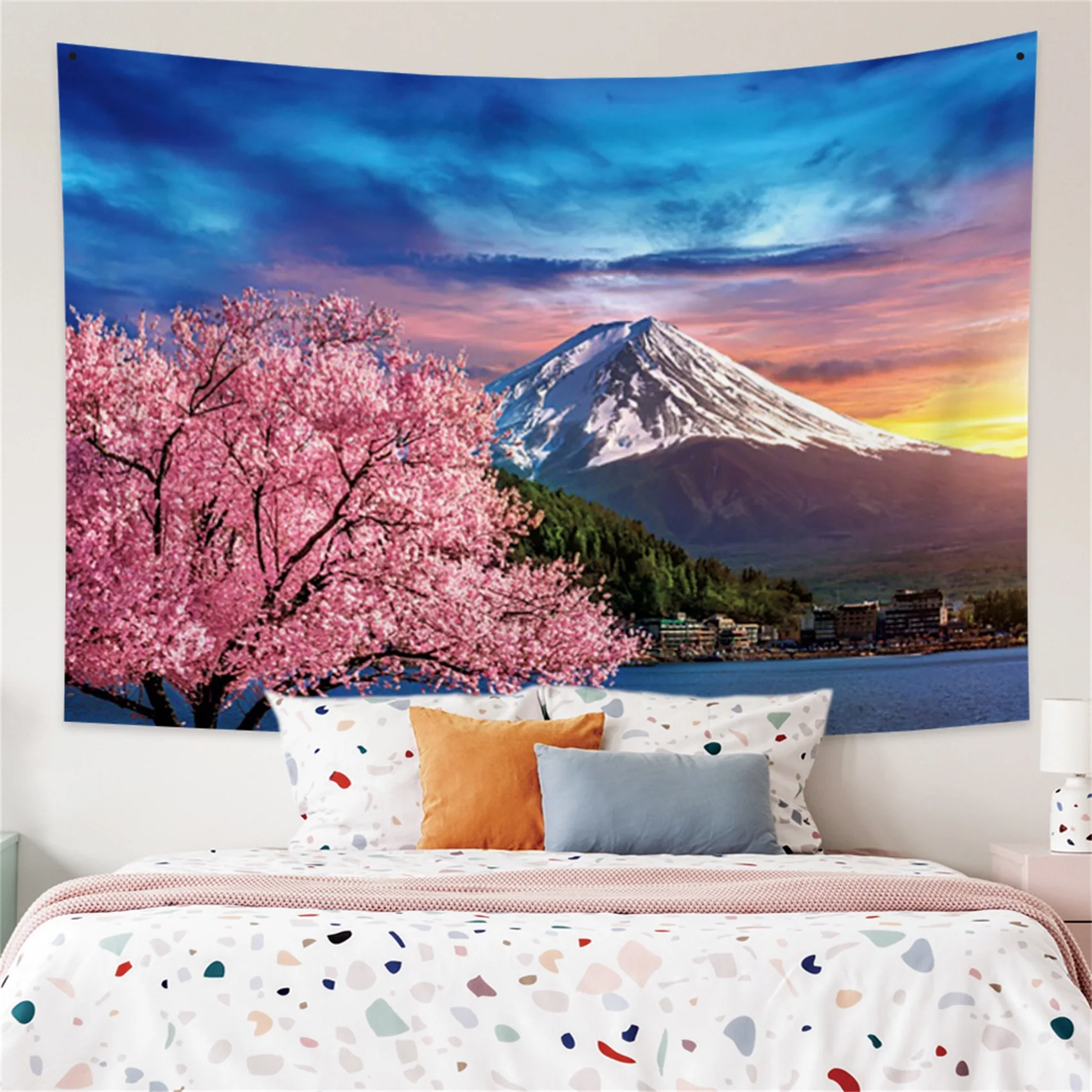 Tapestry ancient temple printing home decoration cherry blossom tapestry pink wall hanging  living room 