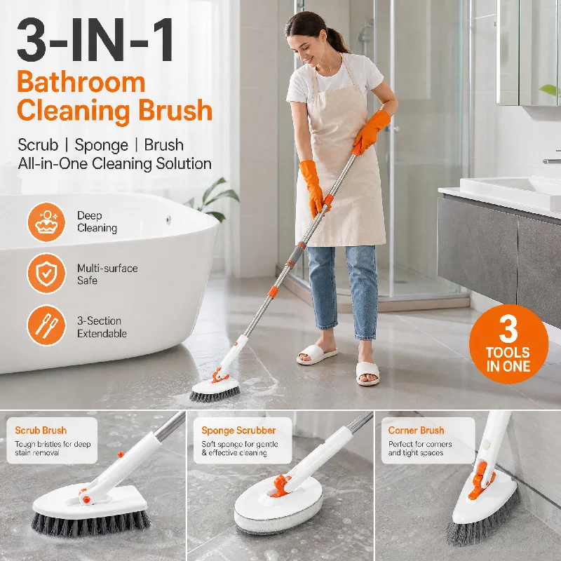 3-in-1 Bathroom Cleaning Brush Sponge Wiper Tile Tub Floor Scrub with Long Handle 3 Section Pole