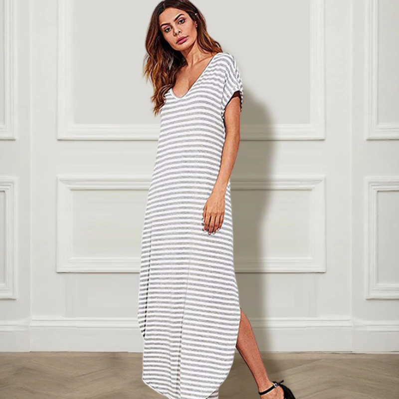 

Одежда с v-образным вырезом и короткими рукавами для удобного платья, свободные полосатые короткие стильные эластичные пижамы с v-образным вырезом, домашняя одежда для