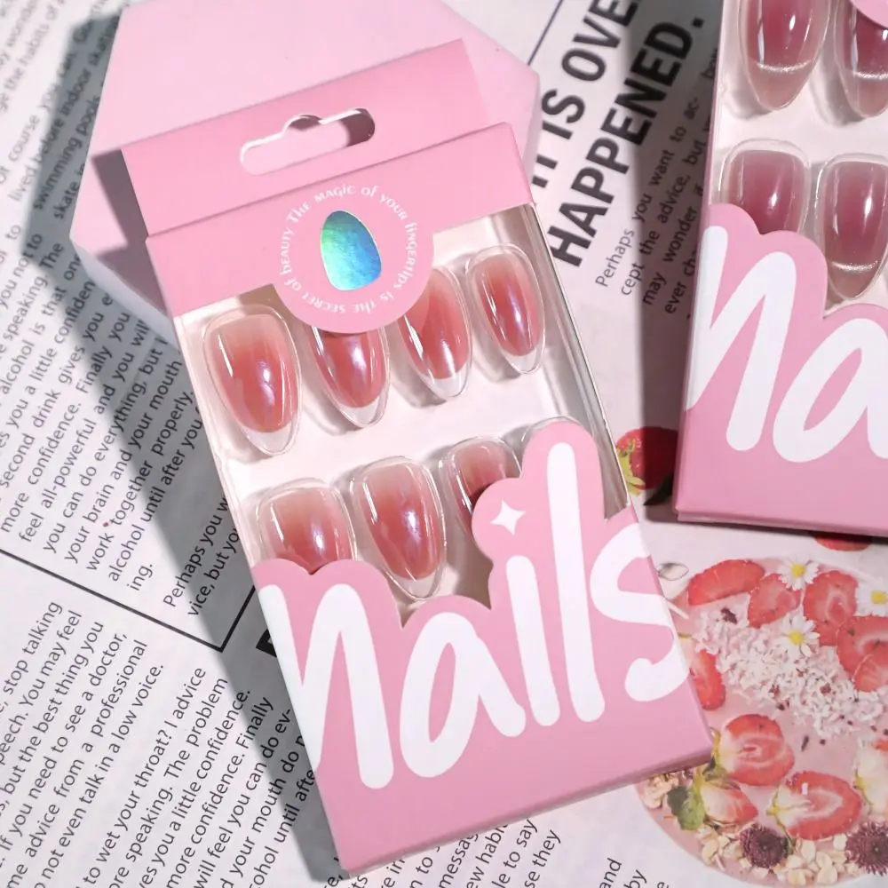 24pcs Manicure Long Almond False Nails Aurora Flower French Press on Nails Detachable White Edge Fake Nails Women