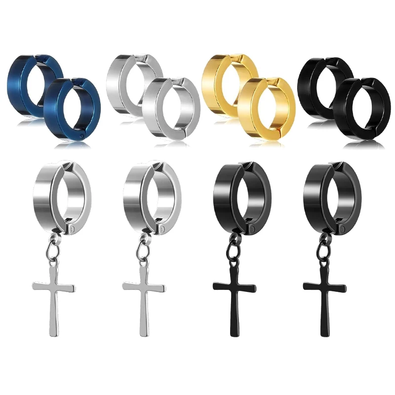 2pcs Men Stainless Steel Non-Piercing Magnetic Stud Earrings Cross Dangle Hoop Unisex CZ Magnet Clip on Earring Jewelry Gift