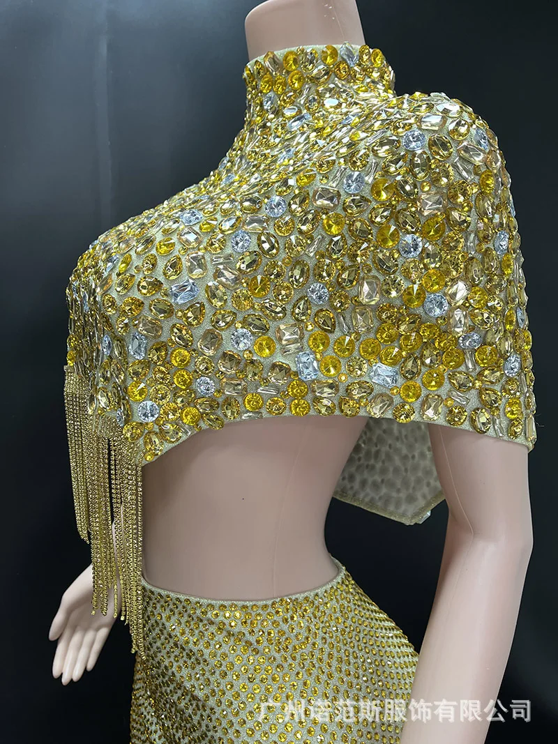 الفاخرة الساطع الذهبي حجر الراين مزاجه سبليت قطعتين الزفاف نخب الملابس المشاهير عيد ميلاد الراقية اللباس