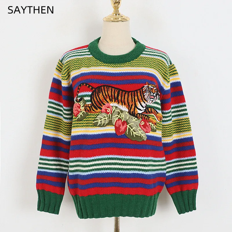 

SAYTHEN Colorful Striped Animal Tiger Embroidery Thick Needle Thick Sweater Women's Autumn Winter New Hip-Hop Loose Knitted Tops