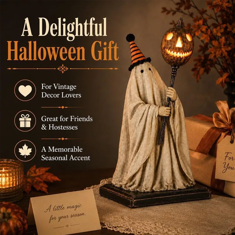 Lighted Vintage Ghost Figurine Pumpkin Wand Retro Ornament Glowing Spooky Halloween Décor for Home Mantel Festival Display
