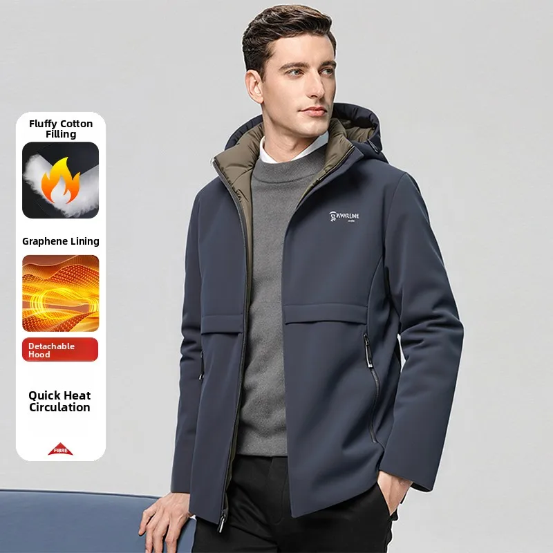 

Men's Winter Jaet Thiened aphene Cotton Coat Casual Busin Warm Windproof Dad Clothes Stand Fit Polyester Fiber
