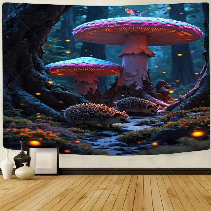 

1pc Wall Tapestry Enchanted Forest Tapestry with Hedgehogs and Giant Mushrooms - Fantasy Wall Art
