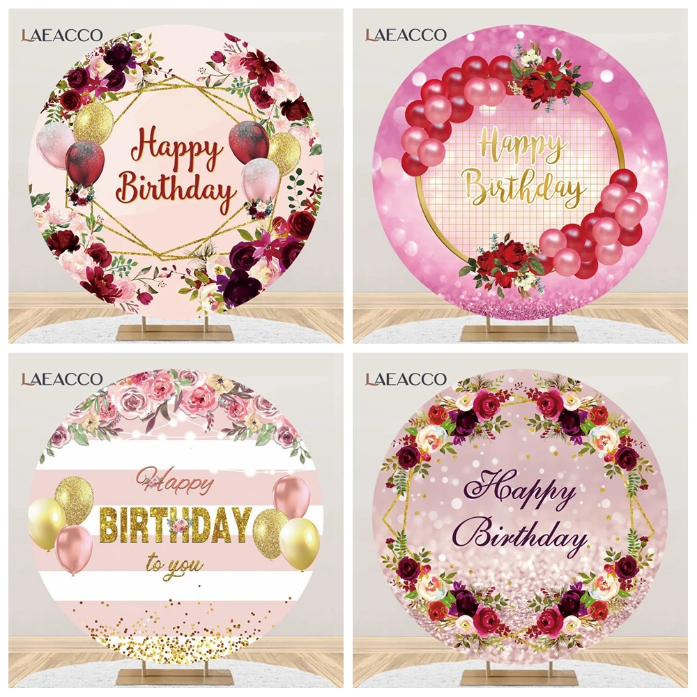 

Happy Birthday Flowers Theme Party Round Photography Background Red Rose Balloons Decor Interior Photocall Prop Circle Backdrop