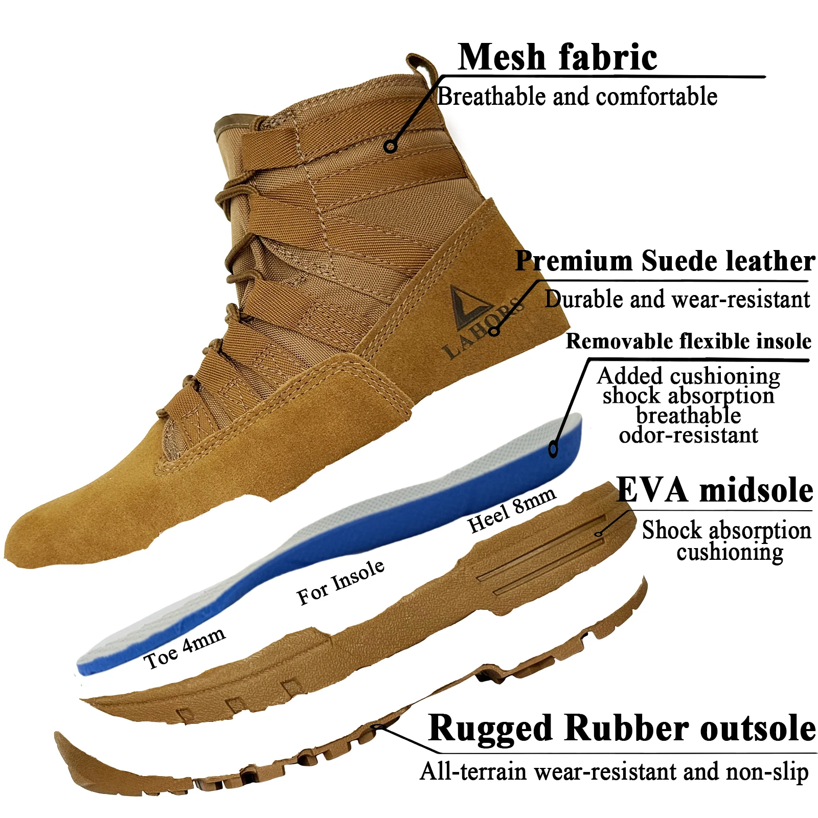 LAHORS® Lightweight Suede Leather Tactical Combat Boot Men Outdoor Hiking Desert Army Shoes Breathable Male Ankle Boots Man made - Detail 1