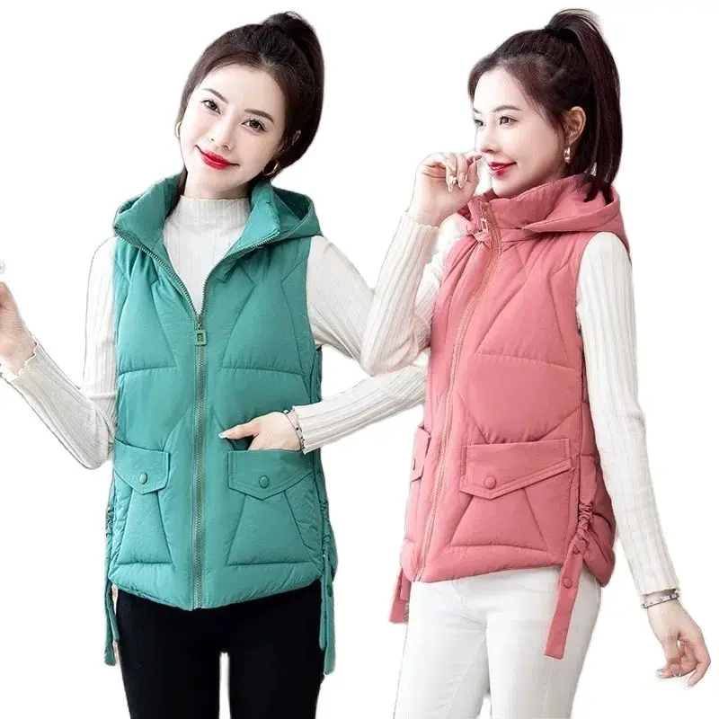 

2023 New Korean Version Short Down Cotton Vest Female Autumn Winter Parka Hooded Sleeveless Keep Warm Add Thick Ladies Jacket