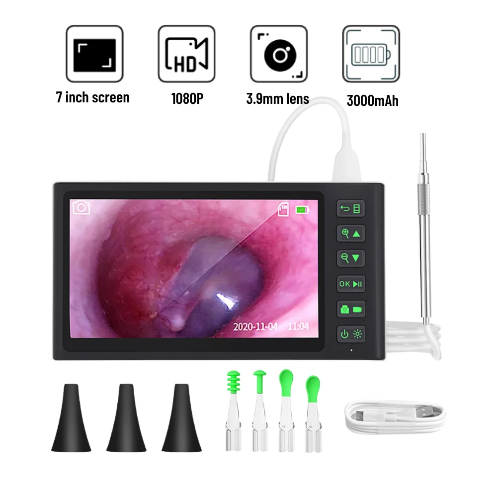 Digital Otoscope 3.9mm Ear Cleaning Endoscope Camera 7inch Screen Visual Otolaryngoscope 1080P HD Ear Wax Removal Cleaner Tools