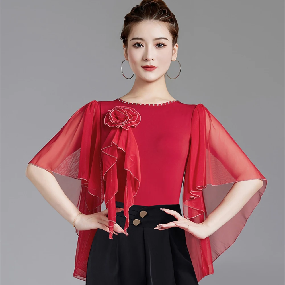 Tanzoberteil, Bankettsaal, lila, rot, T-Shirt, Pfauenblau, Rundhalsausschnitt, mittlere Ärmel, springender neuer Overall mit Lotusblatt-Ärmeln