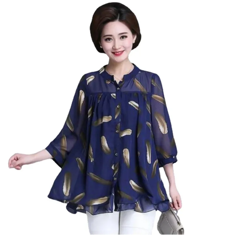 2023 Nieuwe Zomer Middelbare Leeftijd Vrouwen Drie Kwart Mouw Mode Chiffon Blouse Tops Vrouwelijke Bloemenprint Shirt Camisas De Mujer y3