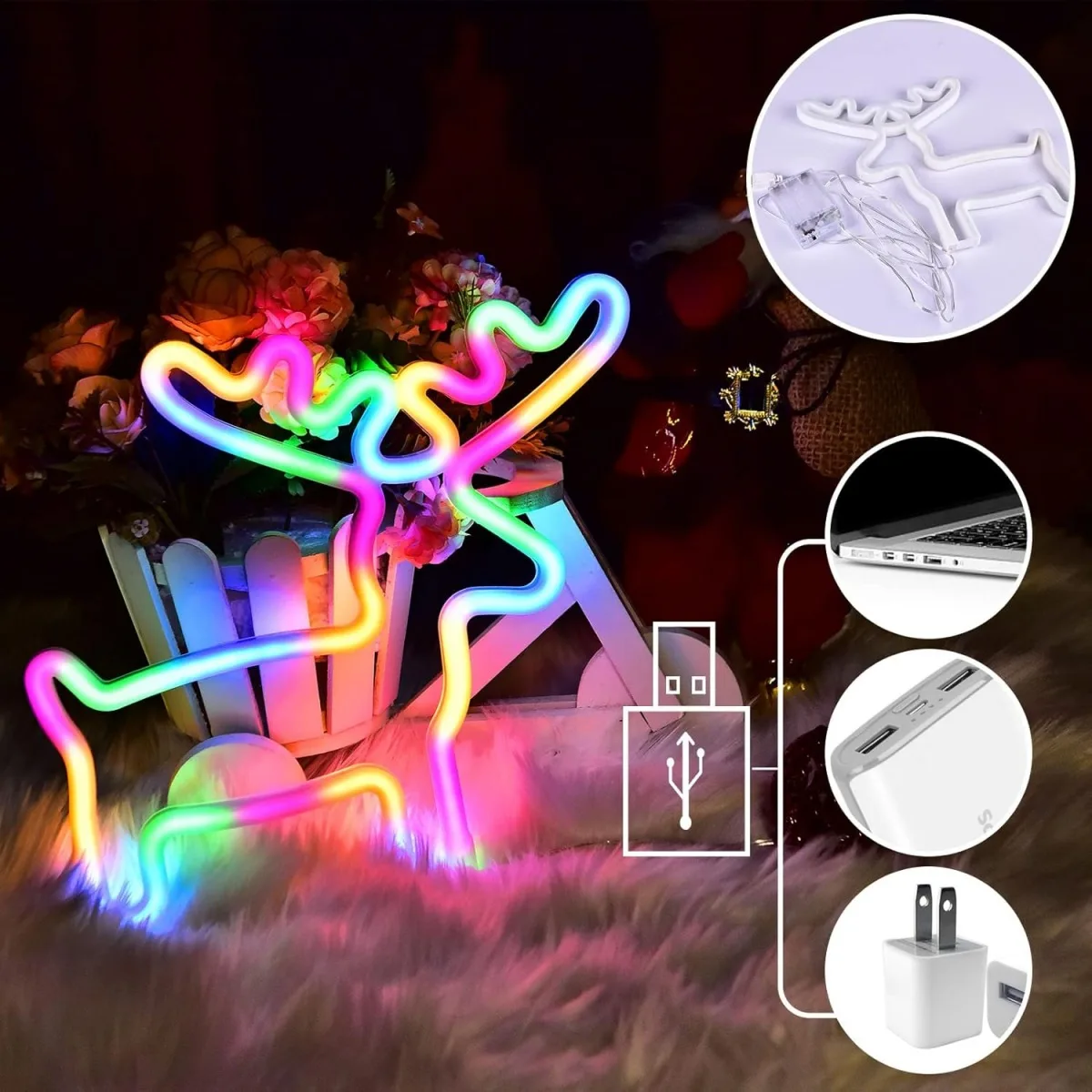 1pc Christmas Neon Light With Christmas Sock/Elk Pattern Lights Sign Battery Powered/USB Wall Hanging Night Light For Home Decor