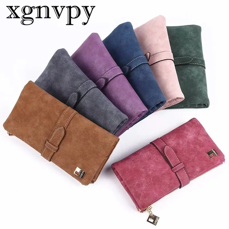 XGNVPY Korean version fashion solid color retro matte ladies mid length multi card wallet buckle two fold hand grab wallet