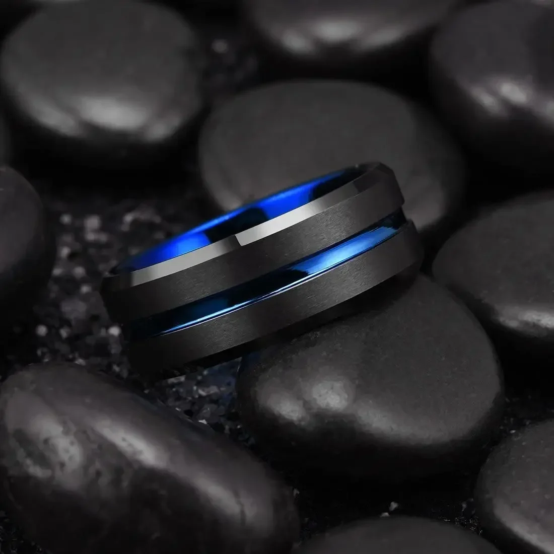MYYA 8mm Mens Blue Groove Beveled Edge Black Stainless Steel Ring Zircon Celtic Dragon Red Carbon Fibre Ring Men Wedding Band image 4