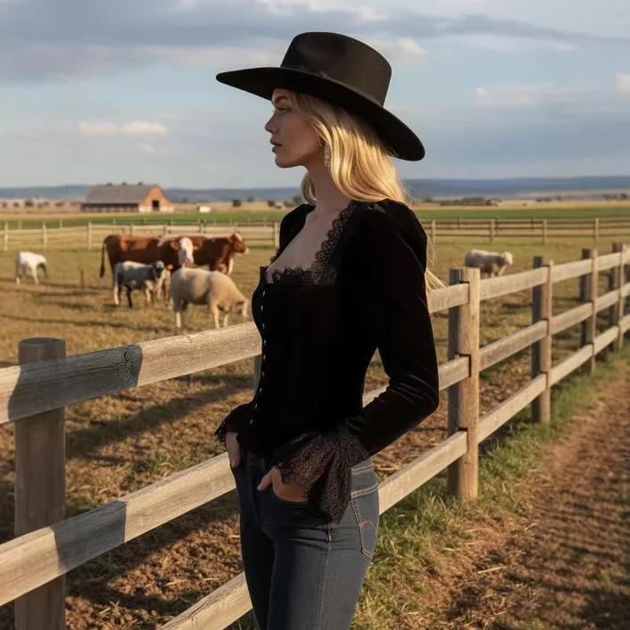 

Elegant Luxury Lace Flare Sleeve Velvet Top Women Square Collar Lace Patchwork Button Down Shirt Blouse for Early Spring