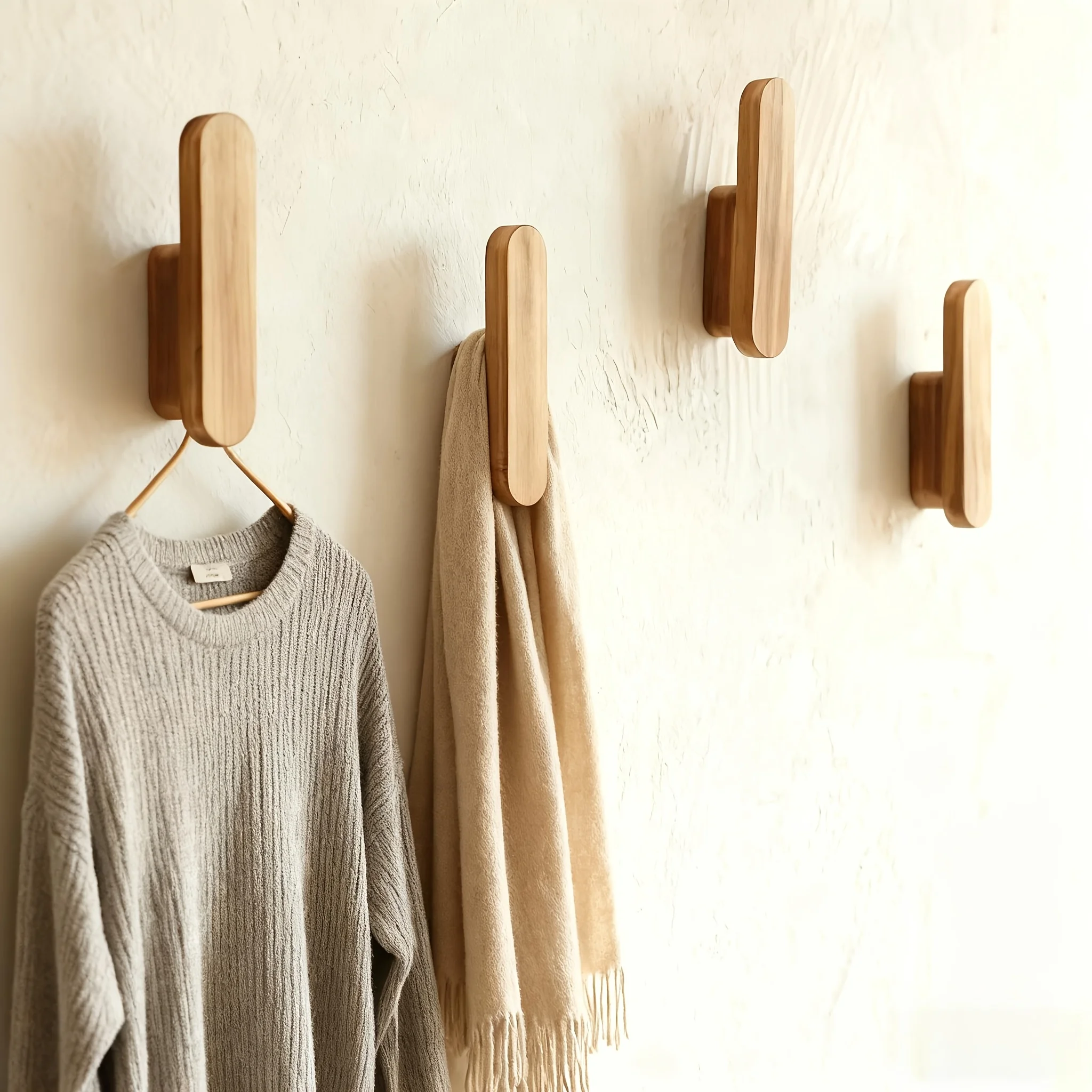 4-teiliges Wandregal aus Massivholz mit mehreren Haken |   Robuste Garderobe für Eingangsbereich, Badezimmer, Schlafzimmer und Türaufbewahrung. Einfaches Design