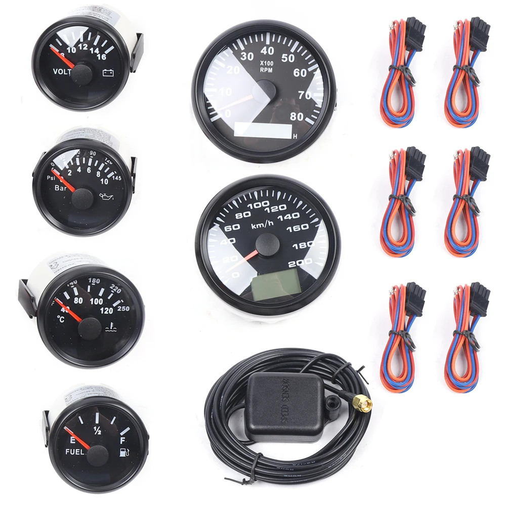 6 Gauge Set Digital LCD Speedometer Tacho Fuel Temp Volts Oil For Car Boat Black