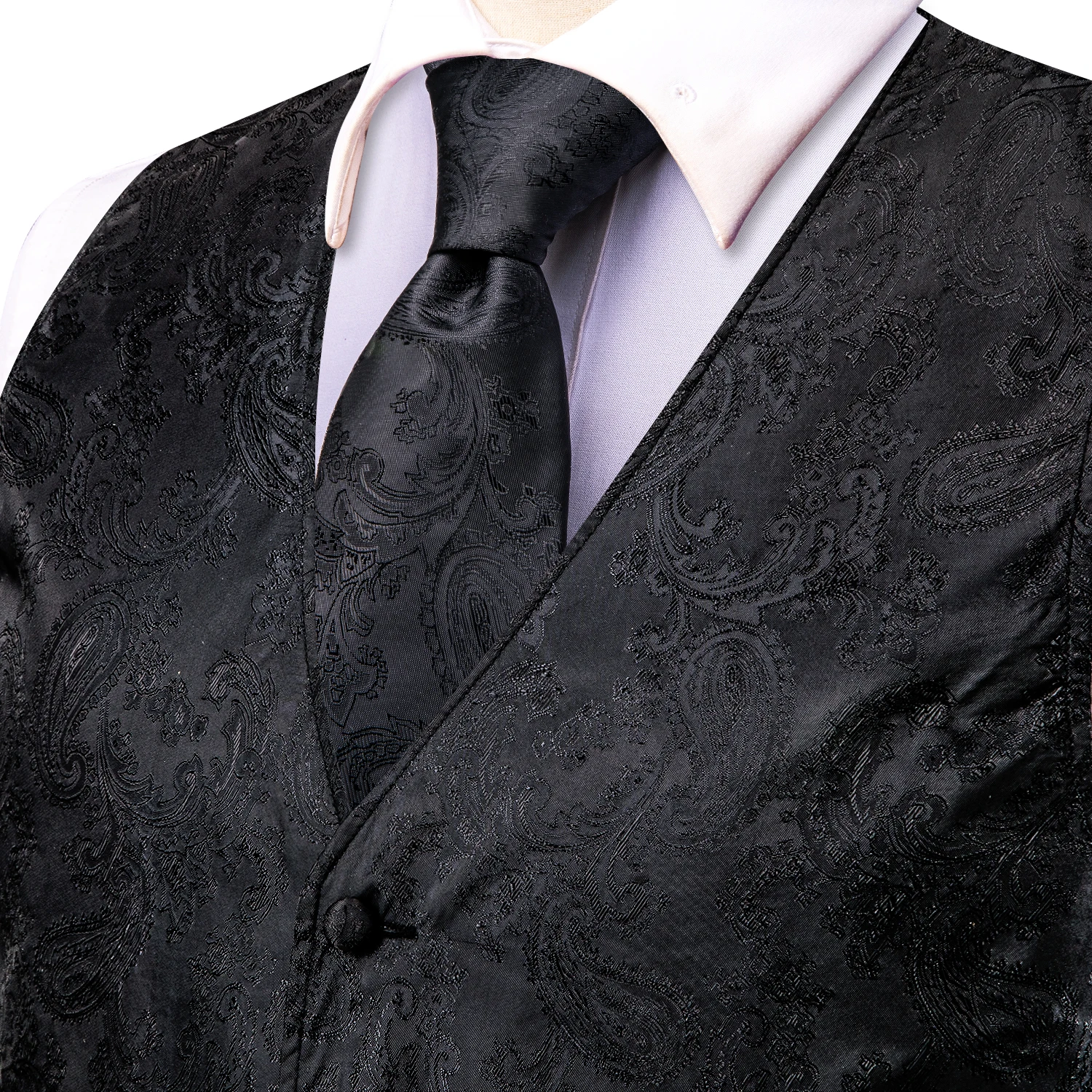 Hi-Tie Black Paisley Silk Mens Suit Vests 4PC Woven Waistcoat Tie Pocket Square Cufflinks Business Wedding Dress Waist Jacket