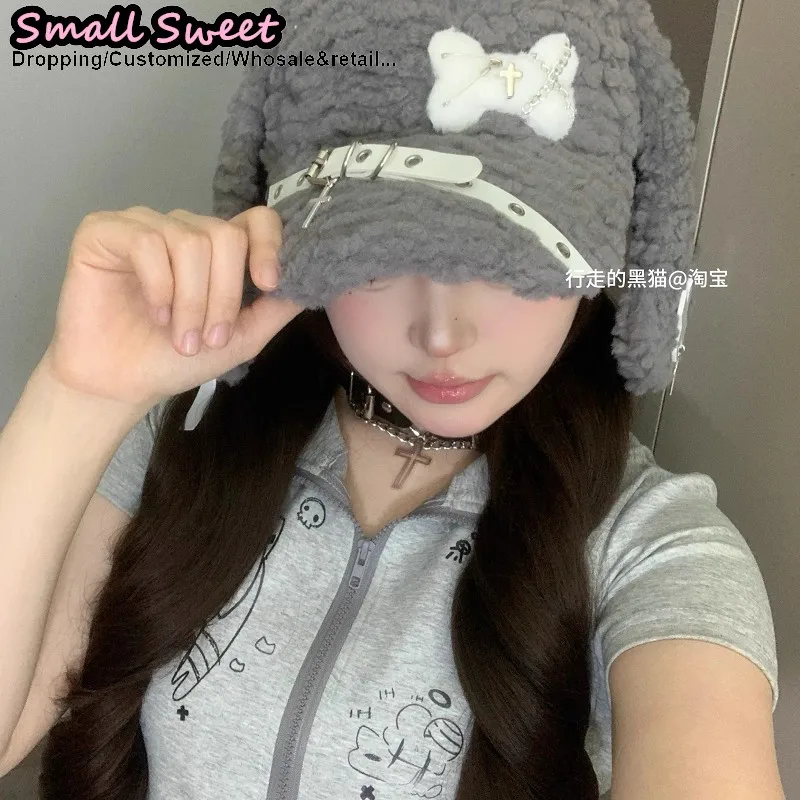Orecchio di cane Autunno Inverno Gotico Lolita Y2K Beanie Cappello Donna osso Hip-hop croce soffice Carino A Punta Pullover cappello da sole berretto da baseball