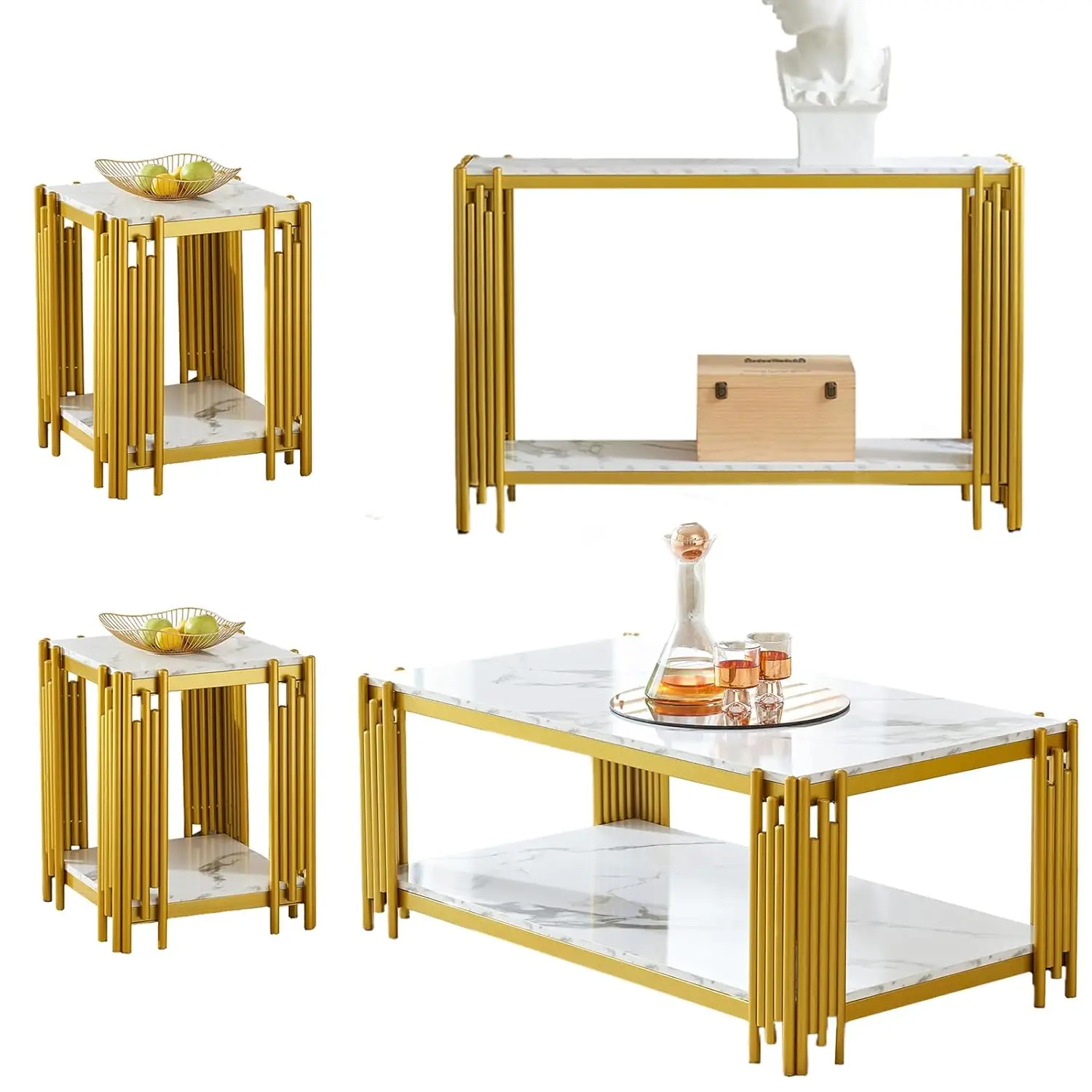 

Elegant Faux Marble Coffee Table Set - Modern White Console & End Tables with Gold Metal Frame - 4 Piece Living, Customized
