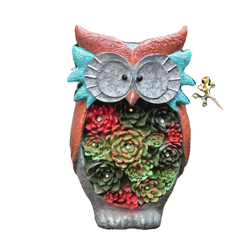 Resin Cratfs Creative Solar Powered Succulent Owl Figurine Cute Animal Figure for Courtyard Terrace & Garden Decorations