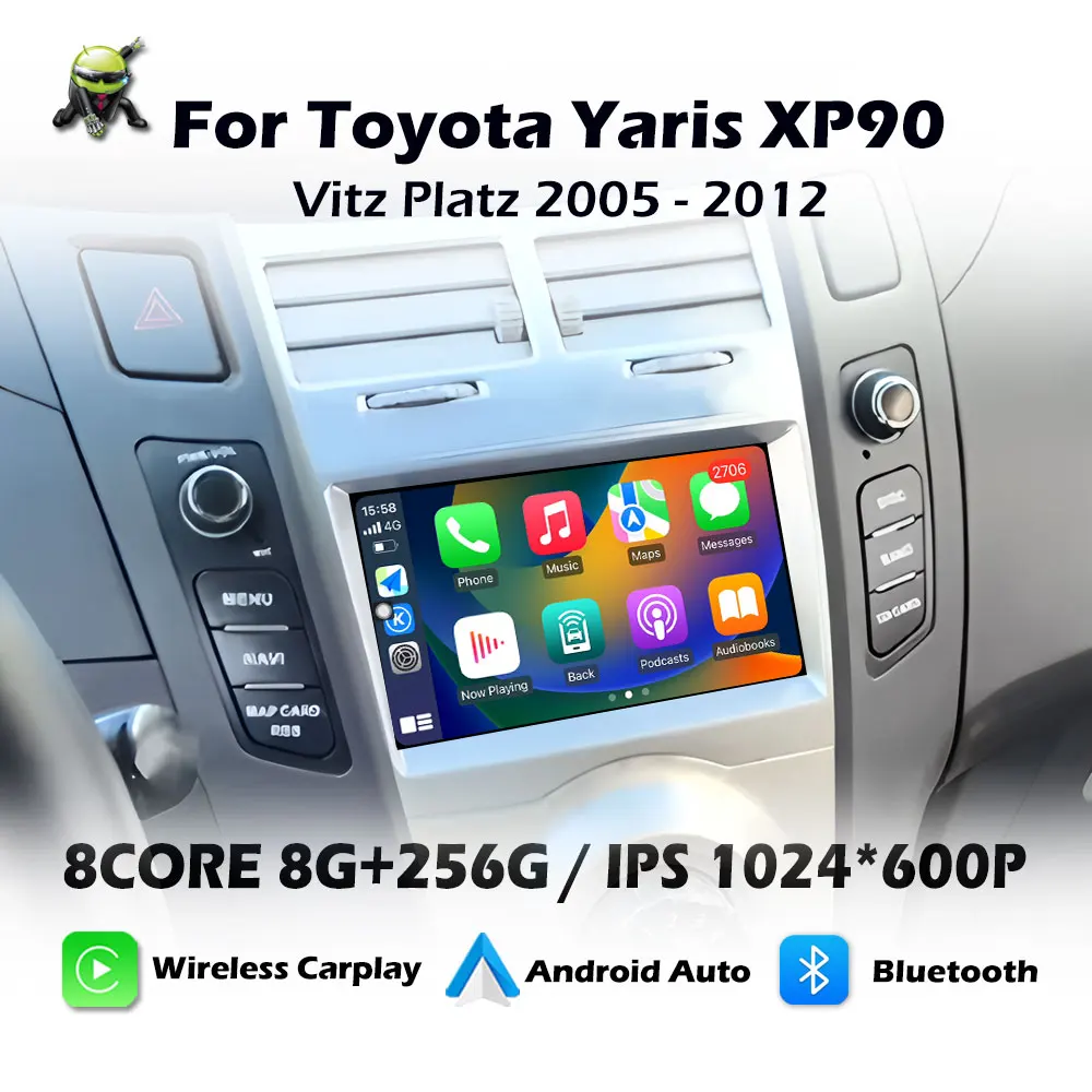 Android 16 Für Toyota Yaris XP90 Vitz Platz 2005 - 2012 Kabelloses Carplay GPS-Navigation Bluetooth Autoradio Multimedia-Player