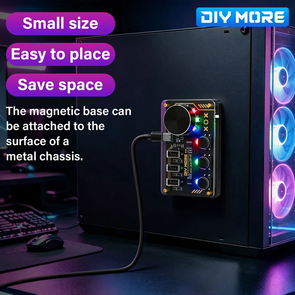 DM-H1 3-key Programmable EC11 rotary USB HID controller with 11 WS2812B RGB LEDs for Custom Desktop Keyboard and Media Control