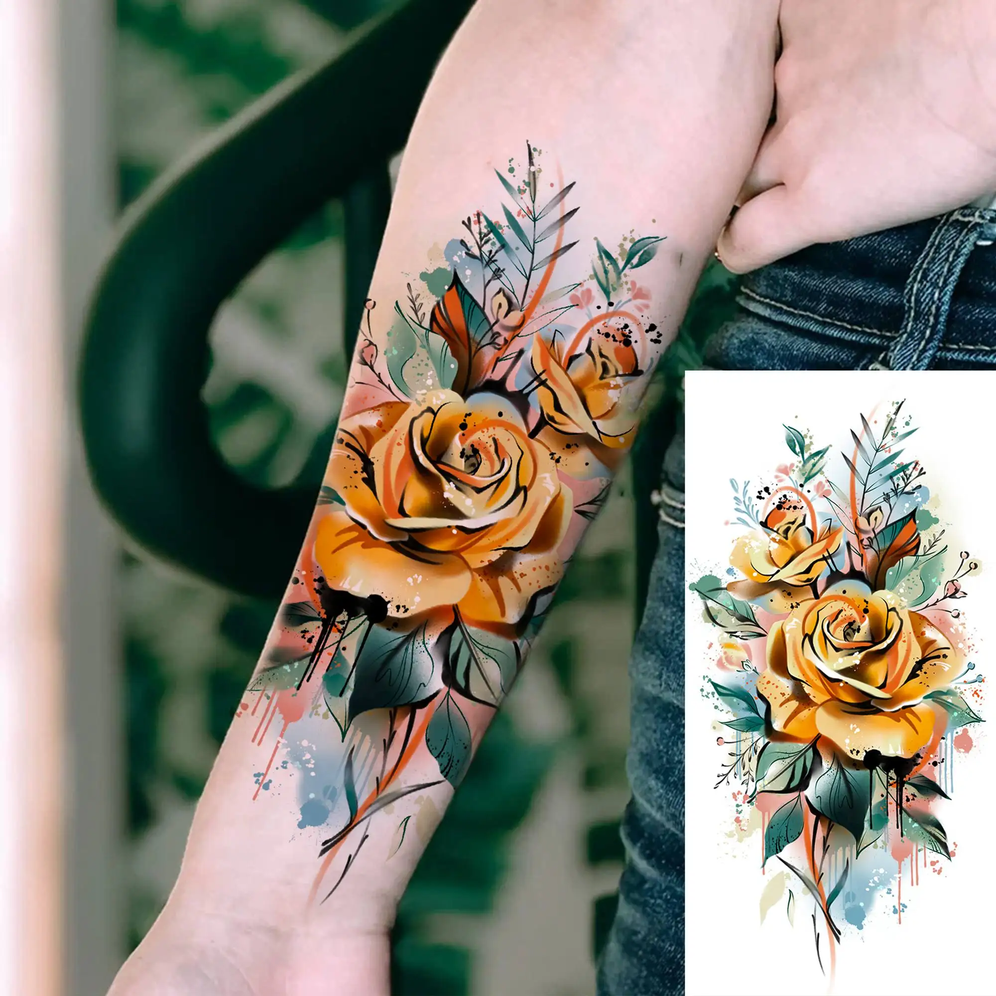 8 Sheets 3D Watercolor Flower Temporary Tattoos For Women Adults Lion Compass Flower Tattoos Fake Floral Peony Rose Tatoos Paste