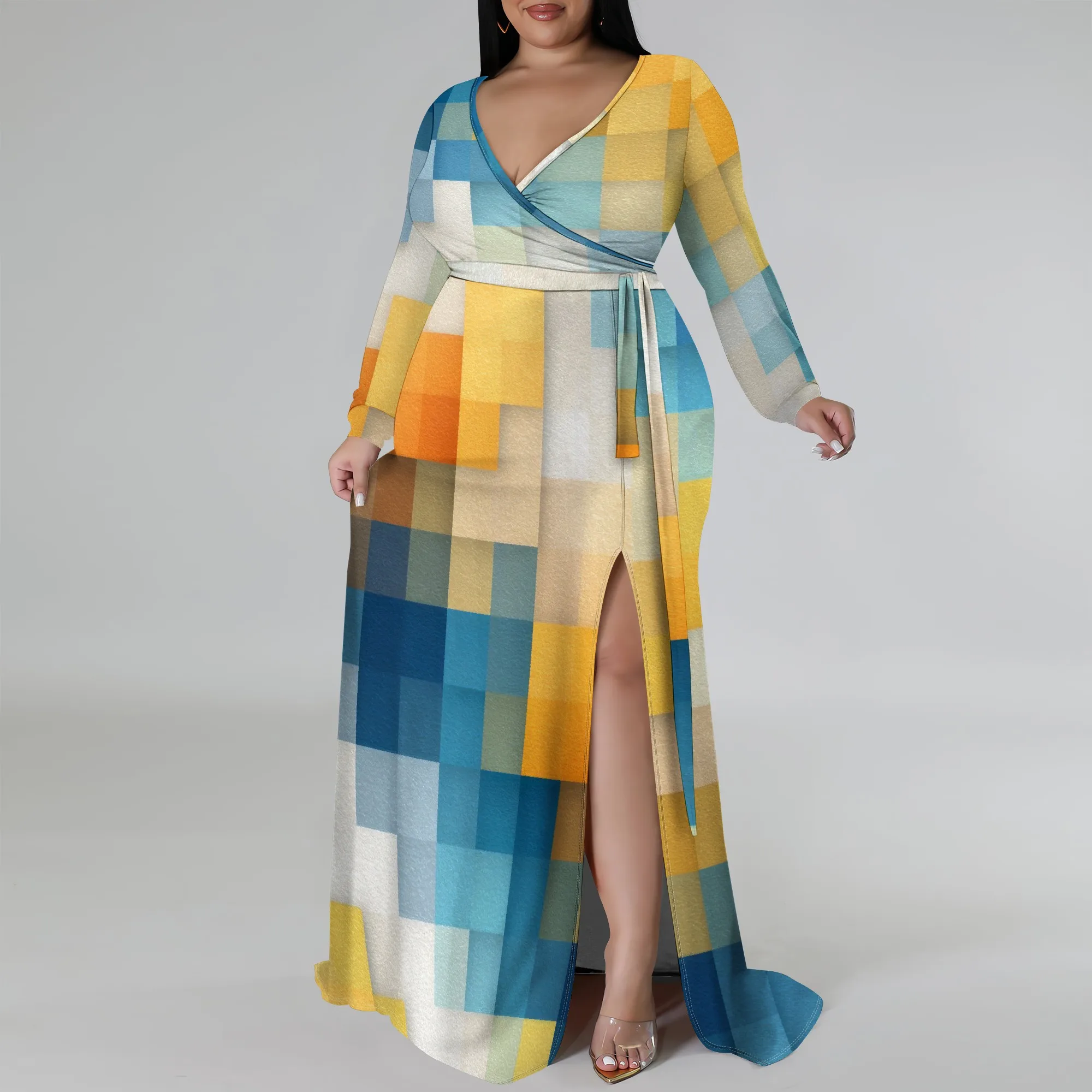 

Nupusa Colorful Plaid Print Dress for Women Plus Size Casual V Neck Long Sleeve Belted Split Maxi Dress