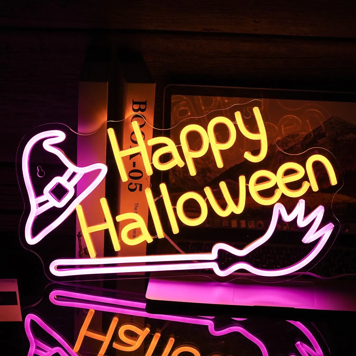 Happy Halloween Neon Sign Dimmable Led Witch Hat Neon Lights For Halloween Decorations Home Spooky Party Room