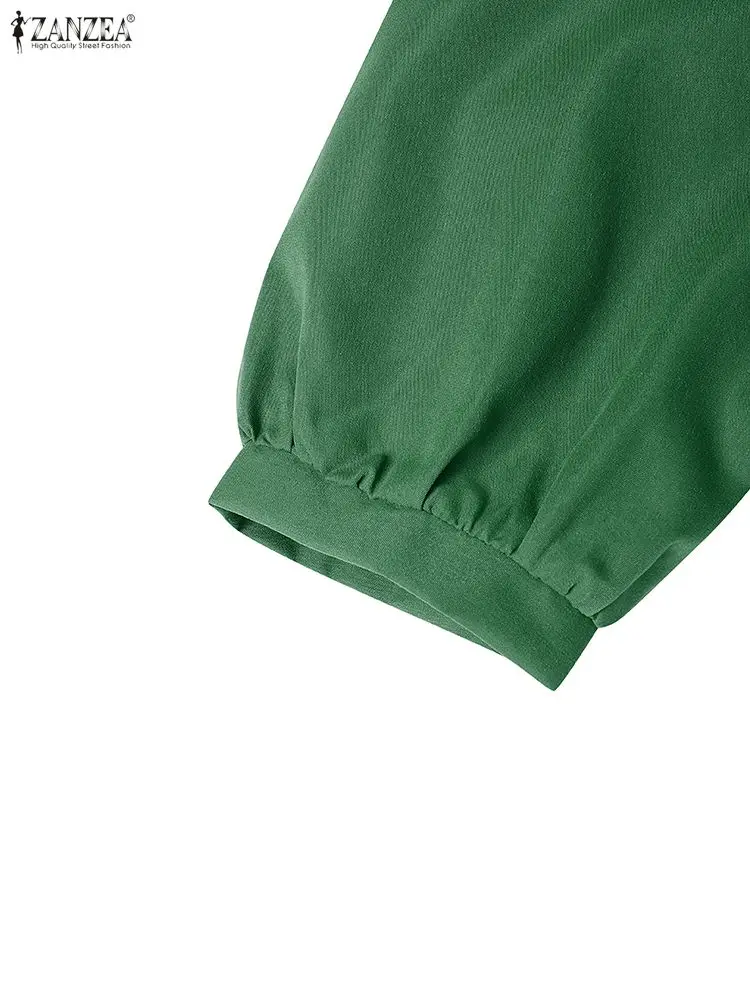 Abiti longuette casual eleganti da donna Moda scollo a V Manica a lanterna 3/4 Vita raccolta Abito a trapezio tinta unita ZANZEA Abiti donna