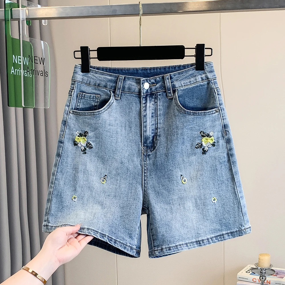 

New Season plus Size Women's Casual Jeans Embroidered Slimming Wide Leg Pants High Waist Artistic Commute Style Pure Color