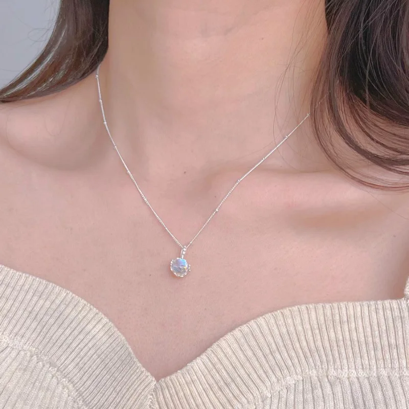 925 Sterling Silver Necklace Moon Stone Floral Pendant Flower Elegant for Women Girl Jewelry Gift Dropshipping Wholesale
