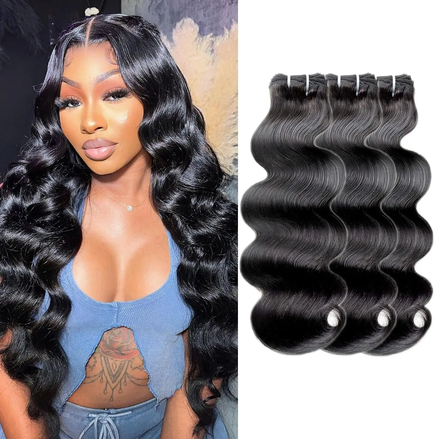 Tissage de cheveux humains Body Wave, Extensions de cheveux bruts, Noir naturel, Richesse des cheveux vierges, Haute qualité, 20 po, 22 po, 24 po, 3 Bundles