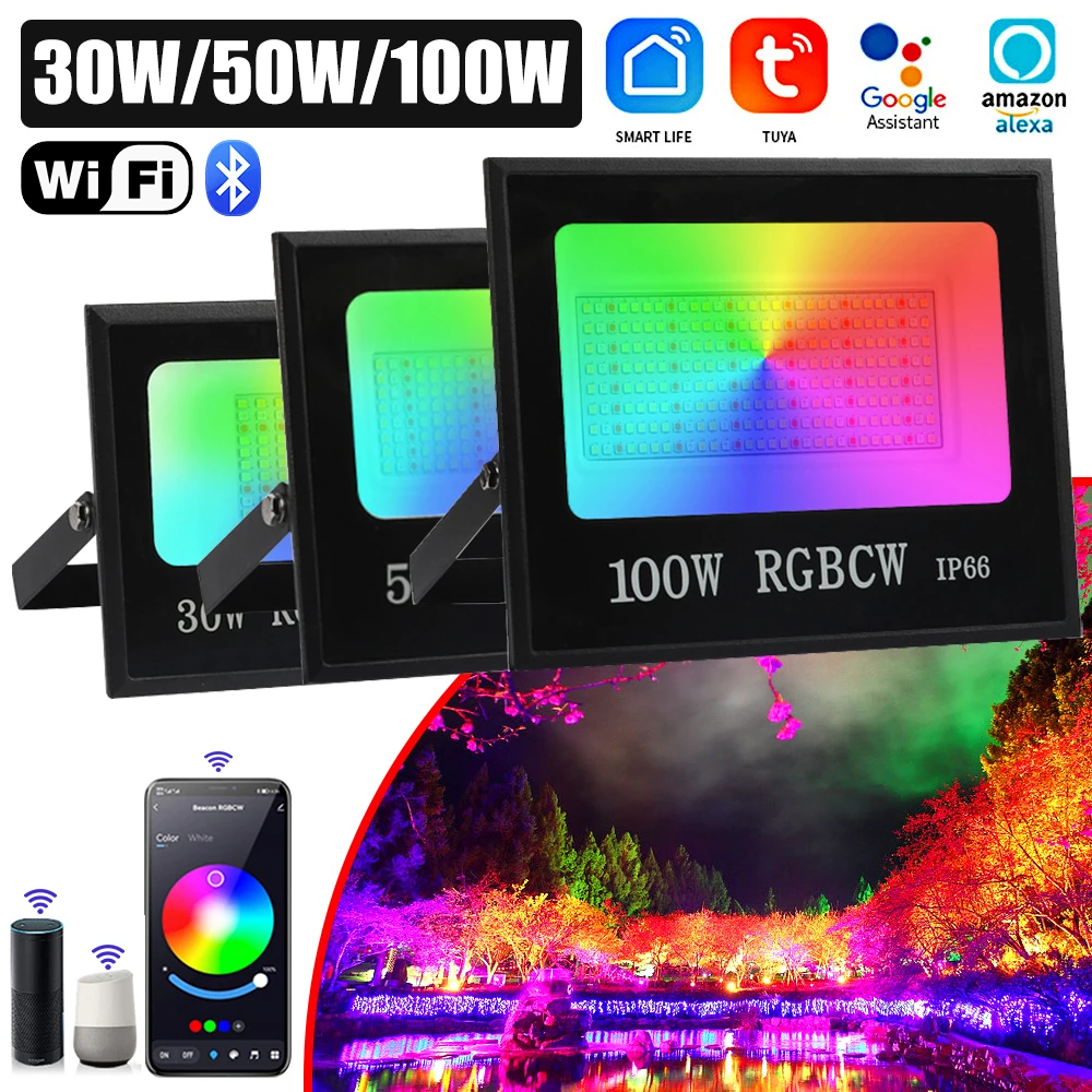 RGB Floodlight Smart APP Voice Control RGBCW 2700-6500K 30W 50W 100W 265V AC For Garden Party Outdoor Lighting