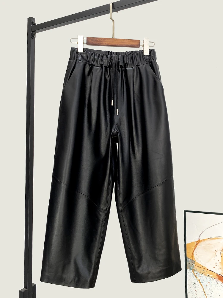

Winter New High Quality Genuine Real Leather Sheepskin Pants Women's Loose Fashionable All-Match Waist Cropped
