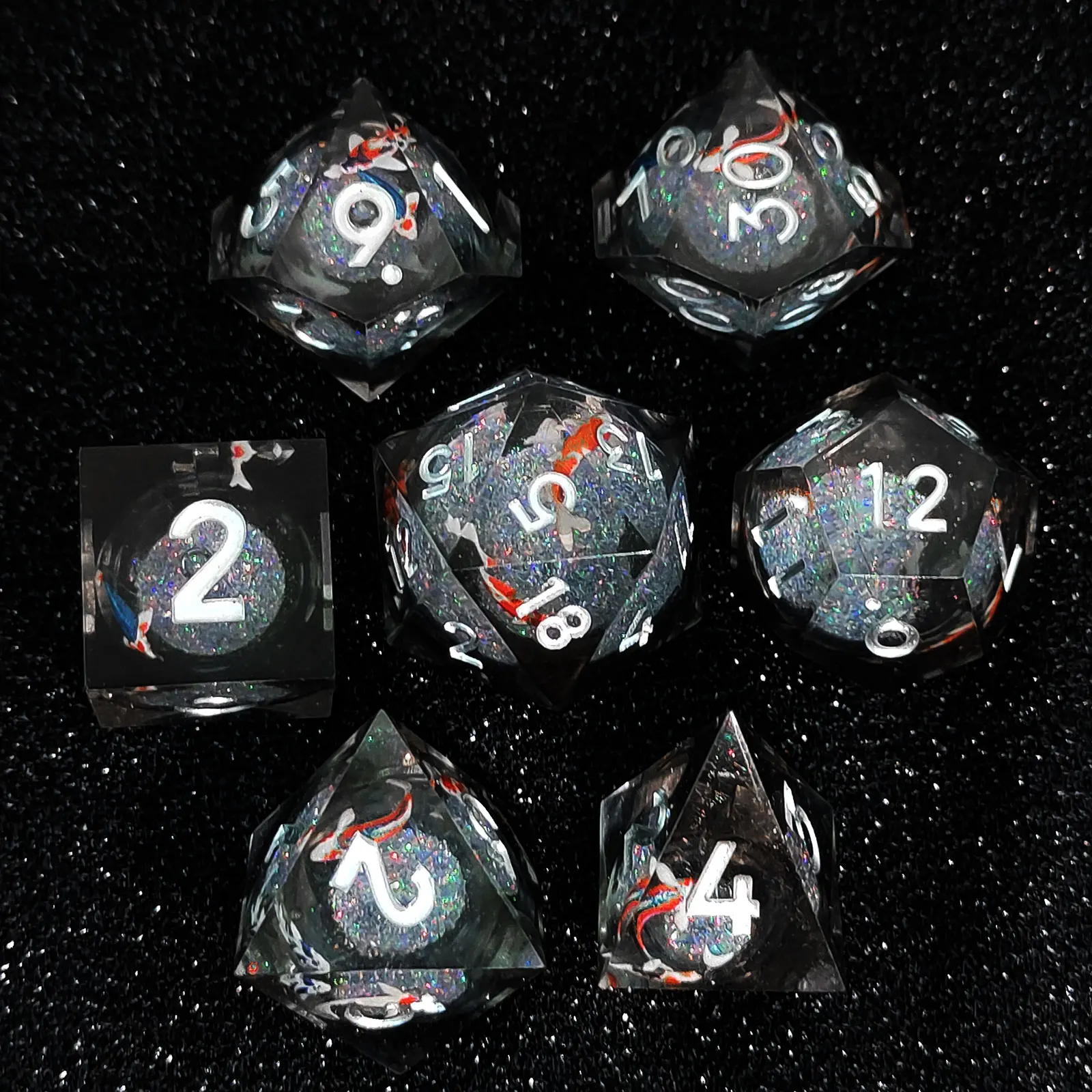 DND Dice Set Clear Liquid Black Quicksand Dice Set Lace & Fish Edge Dungeons & Dragons Polyhedral Resin Dice Cosplay Dice Set Bl