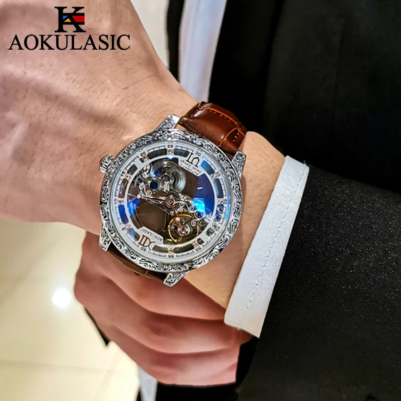 AOKULASIC الفاخرة جلد رجل آلات أوتوماتيكية ساعة ريترو الهاتفي تصميم الوجهين الجوف خارج توربيون مقاوم للماء ساعة رجالية