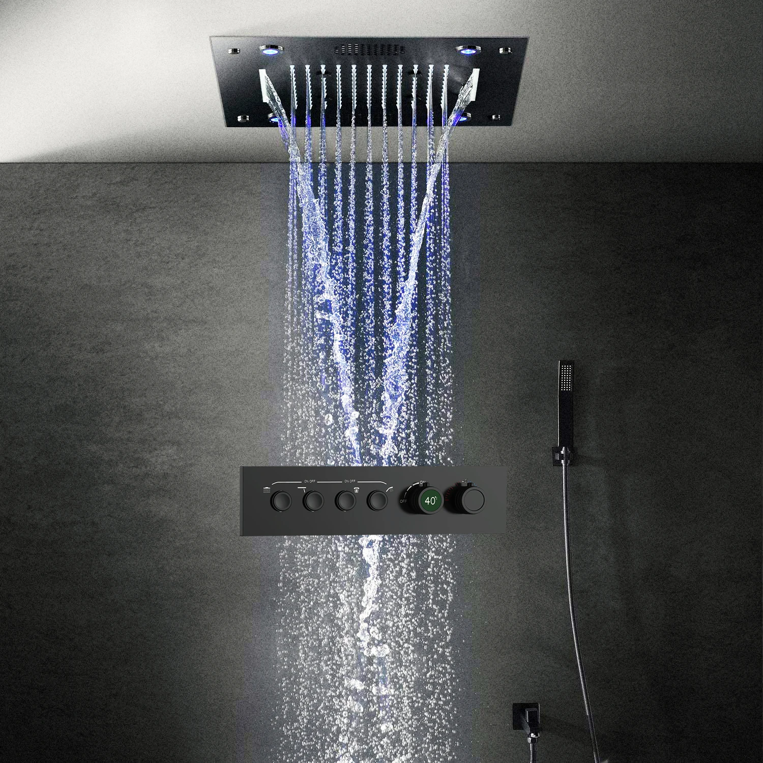 conjunto de torneiras de tela termostatica preta botao misturador de valvulas bluetooth musica led multifuncional spa kit de chuveiro de chuva 2023 01