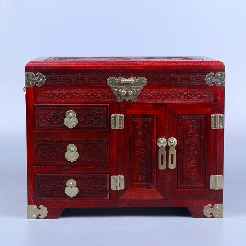 Chinese Style Small Leaf Red Sandalwood Carved Wedding Jewelry Mirror Box Wedding Small Hand Accessories Storage Box Jewelry Box